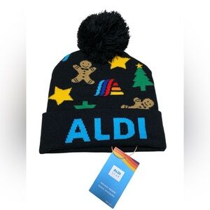 ALDI Black Knit Holiday Beanie with Colorful Patterns and Pom Pom